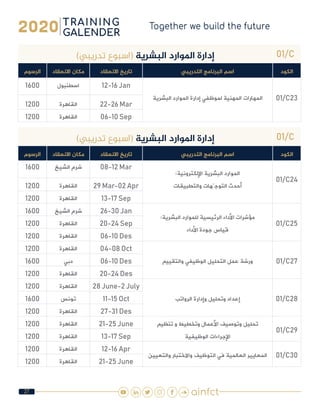 27
01/C)‫تدريبي‬ ‫(اسبوع‬ ‫البشرية‬ ‫املوارد‬ ‫إدارة‬
‫الكود‬‫التدريبي‬ ‫البرنامج‬ ‫اسم‬‫االنعقاد‬ ‫تاريخ‬‫االنعقاد‬ ‫مكان‬‫الرسوم‬
01/C23‫البشرية‬ ‫الموارد‬ ‫إدارة‬ ‫لموظفي‬ ‫المهنية‬ ‫المهارات‬
12-16 Jan‫اسطنبول‬1600
22-26 Mar‫القاهرة‬1200
06-10 Sep‫القاهرة‬1200
01/C)‫تدريبي‬ ‫(اسبوع‬ ‫البشرية‬ ‫املوارد‬ ‫إدارة‬
‫الكود‬‫التدريبي‬ ‫البرنامج‬ ‫اسم‬‫االنعقاد‬ ‫تاريخ‬‫االنعقاد‬ ‫مكان‬‫الرسوم‬
01/C24
:‫اإللكترونية‬ ‫البشرية‬ ‫الموارد‬
‫والتطبيقات‬ ‫التوجّهات‬ ‫أحدث‬
08-12 Mar‫الشيخ‬ ‫شرم‬1600
29 Mar-02 Apr‫القاهرة‬1200
13-17 Sep‫القاهرة‬1200
01/C25
:‫البشرية‬ ‫للموارد‬ ‫الرئيسية‬ ‫األداء‬ ‫مؤشرات‬
‫األداء‬ ‫جودة‬ ‫قياس‬
26-30 Jan‫الشيخ‬ ‫شرم‬1600
20-24 Sep‫القاهرة‬1200
06-10 Des‫القاهرة‬1200
01/C27‫والتقييم‬ ‫الوظيفي‬ ‫التحليل‬ ‫عمل‬ ‫ورشة‬
04-08 Oct‫القاهرة‬1200
06-10 Des‫دبي‬1600
20-24 Des‫القاهرة‬1200
01/C28‫الرواتب‬ ‫وإدارة‬ ‫وتحليل‬ ‫إعداد‬
28 June-2 July‫القاهرة‬1200
11-15 Oct‫تونس‬1600
27-31 Des‫القاهرة‬1200
01/C29
‫تنظيم‬ ‫و‬ ‫وتخطيط‬ ‫األعمال‬ ‫وتوصيف‬ ‫تحليل‬
‫الوظيفية‬ ‫اإلجراءات‬
21-25 June‫القاهرة‬1200
13-17 Sep‫القاهرة‬1200
01/C30‫والتعيين‬ ‫واالختبار‬ ‫التوظيف‬ ‫في‬ ‫العالمية‬ ‫المعايير‬
12-16 Apr‫القاهرة‬1200
21-25 June‫القاهرة‬1200
 