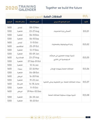 52
01/L)‫تدريبي‬ ‫(اسبوع‬ ‫العامة‬ ‫العالقات‬
‫الكود‬‫التدريبي‬ ‫البرنامج‬ ‫اسم‬‫االنعقاد‬ ‫تاريخ‬‫االنعقاد‬ ‫مكان‬‫الرسوم‬
01/L01 ‫الفاعليات‬ ‫إدارة‬ ‫أخصائى‬
08-12 Nov‫تونس‬1600
23-27 Aug‫القاهرة‬1200
06-10 Des‫القاهرة‬1200
01/L02 ‫والفعاليات‬ ‫البروتوكوالت‬ ‫إدارة‬
06-10 Sep‫القاهرة‬1200
11-15 Oct‫تونس‬1600
25-29 Oct‫كوااللمبور‬1600
13-17 Des‫القاهرة‬1200
01/L05
‫البعثات‬ ‫فى‬ ‫العاملين‬ ‫مهارات‬ ‫تنمية‬
‫الخارج‬ ‫فى‬ ‫الدبلوماسية‬
05-09 Jan‫القاهرة‬1200
23-27 Aug‫االسكندرية‬1600
27 Sep-01 Oct‫القاهرة‬1200
01/L06‫اإلعالم‬ ‫ومهارات‬ ‫العامة‬ ‫العالقات‬
12-16 Jan‫القاهرة‬1200
22-26 Mar‫بيروت‬1600
04-08 Oct‫القاهرة‬1200
01/L07‫التنفيذ‬ ‫وحتى‬ ‫التخطيط‬ ‫من‬ :‫العامة‬ ‫العالقات‬ ‫حمالت‬
16-20 Feb‫الرياض‬1600
19-23 Jan‫القاهرة‬1200
14-18 June‫الغردقة‬1600
11-15 Oct‫القاهرة‬1200
01/L08‫العامة‬ ‫العالقات‬ ‫مسئولة‬ ‫مهارات‬ ‫تنمية‬
29 Nov-03 Des‫الرياض‬1600
26-30 Jan‫القاهرة‬1200
18-22 Oct‫القاهرة‬1200
 