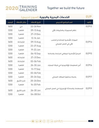 64
01/P)‫تدريبي‬ ‫(اسبوع‬ ‫والجوية‬ ‫البحرية‬ ‫الخدمات‬
‫الكود‬‫التدريبي‬ ‫البرنامج‬ ‫اسم‬‫االنعقاد‬ ‫تاريخ‬‫االنعقاد‬ ‫مكان‬‫الرسوم‬
01/P12
‫اآللي‬ ‫والمتروكات‬ ‫المحجوزات‬ ‫نظام‬
22-26 Nov‫دبي‬1600
09-13 Aug‫القاهرة‬1200
27-31 Des‫القاهرة‬1200
01/P14
‫الحاسب‬ ‫الستخدام‬ ‫األساسية‬ ‫المهارات‬
‫الجمركي‬ ‫العمل‬ ‫في‬ ‫اآللي‬
12-16 Jan‫القاهرة‬1200
09-13 Aug‫كازابالنكا‬1600
23-27 Aug‫القاهرة‬1200
01/P15‫والسالمة‬ ‫الحراسات‬ ‫لموظفي‬ ‫األساسية‬ ‫المبادئ‬
19-23 Jan‫القاهرة‬1200
06-10 Sep‫القاهرة‬1200
27-31 Des‫كازابالنكا‬1600
01/P16‫الجمارك‬ ‫شبكة‬ ‫في‬ ‫اإللكترونية‬ ‫المعلومات‬ ‫أمن‬
02-06 Feb‫كازابالنكا‬1600
26-30 Jan‫القاهرة‬1200
13-17 Sep‫القاهرة‬1200
01/P17‫الجمركي‬ ‫الموظف‬ ‫وحقوق‬ ‫واجبات‬
02-06 Feb‫القاهرة‬1200
20-24 Sep‫القاهرة‬1200
20-24 Des‫الشيخ‬ ‫شرم‬1600
01/P19‫الجمركي‬ ‫العمل‬ ‫في‬ ‫اإلنجليزية‬ ‫والمحادثة‬ ‫المصطلحات‬
16-20 Feb‫القاهرة‬1200
26-30 Jan‫الشيخ‬ ‫شرم‬1600
04-08 Oct‫القاهرة‬1200
 