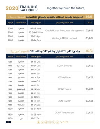 99
03/B)‫تدريبيان‬ ‫(اسبوعان‬ ‫االلكترونية‬ ‫واملواقع‬ ‫والتقارير‬ ‫البيانات‬ ‫وقواعد‬ ‫البرمجيات‬
‫الكود‬‫التدريبي‬ ‫البرنامج‬ ‫اسم‬‫االنعقاد‬ ‫تاريخ‬‫االنعقاد‬ ‫مكان‬‫الرسوم‬
03/B02Oracle Human Resourses Management
07-18 June‫القاهرة‬2200
25 Oct-05 Nov‫القاهرة‬2200
03/B26WebLogic 12CWorkshop II
12-23 Apr‫القاهرة‬2200
13-24 Des‫القاهرة‬2200
03/C)‫تدريبي‬ ‫(اسبوع‬ ‫واالتصاالت‬ ‫والشبكات‬ ‫التشغيل‬ ‫نظم‬ ‫برامج‬
‫الكود‬‫التدريبي‬ ‫البرنامج‬ ‫اسم‬‫االنعقاد‬ ‫تاريخ‬‫االنعقاد‬ ‫مكان‬‫الرسوم‬
03/C02CCNA Security
04-08 Oct‫القاهرة‬1200
20-24 Des‫الشيخ‬ ‫شرم‬1600
27-31 Des‫القاهرة‬1200
03/C03CCNA Voice
05-09 Jan‫القاهرة‬1200
05-10 Apr‫اسطنبول‬1600
11-15 Oct‫القاهرة‬1200
03/C05CCNP Route
19-23 Jan‫القاهرة‬1200
08-12 Mar‫الشيخ‬ ‫شرم‬1600
25-29 Oct‫القاهرة‬1200
03/C06CCNP Switch
15-19 Nov‫القاهرة‬1200
26-30 Jan‫القاهرة‬1200
27-31 Des‫كازابالنكا‬1600
03/C07CCNP Troubleshoot
02-06 Feb‫القاهرة‬1200
01-05 Nov‫القاهرة‬1200
18-22 Oct‫دبي‬1600
 