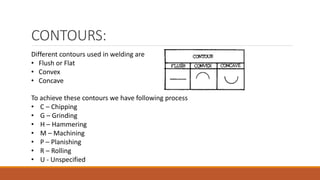 CONTOURS:
Different contours used in welding are
• Flush or Flat
• Convex
• Concave
To achieve these contours we have following process
• C – Chipping
• G – Grinding
• H – Hammering
• M – Machining
• P – Planishing
• R – Rolling
• U - Unspecified
 