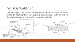 What is Welding?
The Welding is a process of joining two or more, similar or dissimilar
metals by heating them to a suitable temperature , with or without
the application of pressure, filler materials and flux.
 
