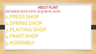 ABOUT PLANT
DIVIDED INTO FIVE MAJOR PLANTS
1.PRESS SHOP
2.SPRING SHOP
3.PLAITING SHOP
4.PAINT SHOP
5.ASSEMBLY
 