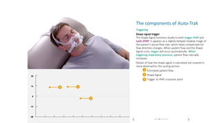 What is Auto-Trak? How does Auto-Trak work? The components of Auto-Trak
Auto-Trak
The components of Auto-Trak
Triggering
Shape signal trigger
The Shape Signal functions dually to both trigger IPAP and
cycle EPAP. It appears as a slightly delayed shadow image of
the patient’s actual flow rate, which helps compensate for
flow direction changes. When patient flow and the Shape
Signal cross, trigger will occur automatically. When
triggering inspiratory pressure, patient flow naturally
increases.
Details of how the shape signal is calculated are covered in
more detail within the cycling section.
Estimated patient flow
Shape Signal
Trigger to IPAP crossover point
1
2
3
30
15
0
-15
-30
1
2
3
 