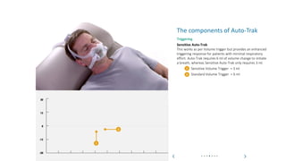 What is Auto-Trak? How does Auto-Trak work? The components of Auto-Trak
Auto-Trak
The components of Auto-Trak
Triggering
Sensitive Auto-Trak
This works as per Volume trigger but provides an enhanced
triggering response for patients with minimal respiratory
effort. Auto-Trak requires 6 ml of volume change to initiate
a breath, whereas Sensitive Auto-Trak only requires 3 ml.
Sensitive Volume Trigger = 3 ml
Standard Volume Trigger = 6 ml
1
2
30
15
0
-15
-30
1
2
 