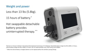 Less than 13 lbs (5.8kg).
15 hours of battery.*
Hot swappable detachable
battery provides
uninterrupted therapy.**
*Nominal run time per method in International Electrotechnical Commission (7.5 hr/battery). Detachable battery charge time 0% to 80% is 2.5 hours,
Internal battery charge time 0% to 100% is 3.5 hours. A/C-VC mode ActivePAP circuit, PEEP 3cmH2O and Vt 800ml.
* * When the internal battery is charged, batteries can be replaced without the ventilator pausing therapy.
Weight and power
 
