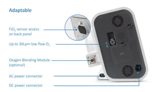 Adaptable
FiO2 sensor access
on back panel
Up to 30Lpm low flow O2
Oxygen Blending Module
(optional)
AC power connector
DC power connector
 