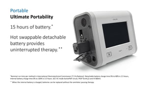 Portable
Ultimate Portability
15 hours of battery.*
Hot swappable detachable
battery provides
uninterrupted therapy.**
*Nominal run time per method in International Electrotechnical Commission (7.5 hr/battery). Detachable battery charge time 0% to 80% is 2.5 hours,
Internal battery charge time 0% to 100% is 3.5 hours. A/C-VC mode ActivePAP circuit, PEEP 3cmH2O and Vt 800ml.
* * When the internal battery is charged, batteries can be replaced without the ventilator pausing therapy.
 