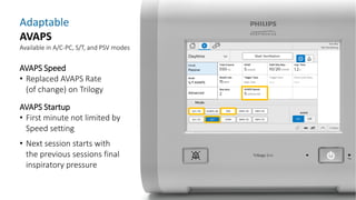AVAPS Speed
• Replaced AVAPS Rate
(of change) on Trilogy
AVAPS Startup
• First minute not limited by
Speed setting
• Next session starts with
the previous sessions final
inspiratory pressure
Adaptable
AVAPS
Available in A/C-PC, S/T, and PSV modes
 