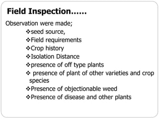 Field Inspection……
Observation were made;
seed source,
Field requirements
Crop history
Isolation Distance
presence of off type plants
 presence of plant of other varieties and crop
species
Presence of objectionable weed
Presence of disease and other plants
 