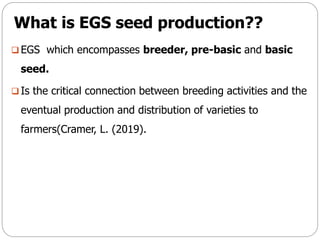 What is EGS seed production??
 EGS which encompasses breeder, pre-basic and basic
seed.
 Is the critical connection between breeding activities and the
eventual production and distribution of varieties to
farmers(Cramer, L. (2019).
 