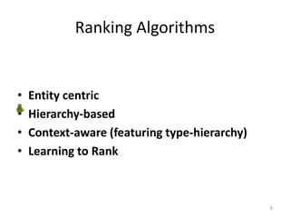 Ranking Algorithms
• Entity centric
• Hierarchy-based
• Context-aware (featuring type-hierarchy)
• Learning to Rank
8
 