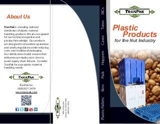 About Us
TranPak is a leading national
distributor of plastic material
handling products. We are recognized
for our technical expertise and
product knowledge. Our products
are designed to streamline operations
and satisfy regulations while reducing
costs over traditional packaging.
Our distribution model ensures that
deliveries are made just in time to
avoid supply chain failures. Consider
TranPak for your plastic material
handling needs.
PlasticPalletsBinsPailsHoppersCasesTotesIBCs
2860S.EastAve.
Fresno,CA93725-1909
(800)827-2474
for the Nut Industry
Plastic
Products
TranPak Inc.
(800) 827-2474
www.tranpak.com
 
