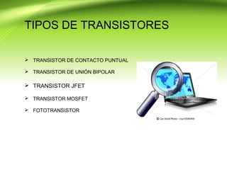 TIPOS DE TRANSISTORES
 TRANSISTOR DE CONTACTO PUNTUAL
 TRANSISTOR DE UNIÓN BIPOLAR
 TRANSISTOR JFET
 TRANSISTOR MOSFET
 FOTOTRANSISTOR
 
