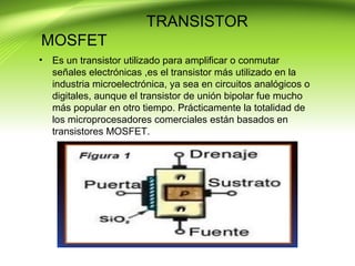 TRANSISTOR
MOSFET
• Es un transistor utilizado para amplificar o conmutar
señales electrónicas ,es el transistor más utilizado en la
industria microelectrónica, ya sea en circuitos analógicos o
digitales, aunque el transistor de unión bipolar fue mucho
más popular en otro tiempo. Prácticamente la totalidad de
los microprocesadores comerciales están basados en
transistores MOSFET.
 