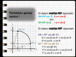 
Y
P(x, y)
P’(x’, y’)
0 AB
C
D
r
r
β
Di dalam segitiga OAP diperoleh :
OA=OP cos β → x=r cos β
dan
AP=OP sin β → y=r sin β
Di dalam segitiga OBP’ diperoleh
:
OB = OP’ cos (β+ θ )
X’=r cos β cos θ - r sin β sin θ
X’=x cos θ - y sin θ
BP’ = OP’ sin (β+ θ )
Y’=r sin (β+ θ )
Y’=r sin β cos θ + r cos β sin θ
Y’=y cos θ + x sin θ
x
Perhatikan gambar
berikut !
 