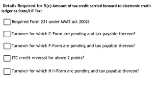 Details Required for 5(c) Amount of tax credit carried forward to electronic credit
ledger as State/UT Tax:
Turnover for which C-Form are pending and tax payable thereon?
Required Form 231 under MVAT act 2002?
Turnover for which F-Form are pending and tax payable thereon?
ITC credit reversal for above 2 points?
Turnover for which H/I-Form are pending and tax payable thereon?
 