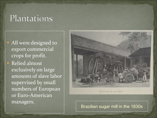 All were designed to export commercial crops for profit. Relied almost exclusively on large amounts of slave labor supervised by small numbers of European or Euro-American managers. Brazilian sugar mill in the 1830s 