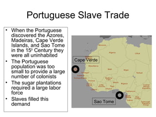 Portuguese Slave Trade
• When the Portuguese
discovered the Azores,
Madeiras, Cape Verde
Islands, and Sao Tome
in the 15th
Century they
were all uninhabited
• The Portuguese
population was too
small to provide a large
number of colonists
• The sugar plantations
required a large labor
force
• Slaves filled this
demand
Sao Tome
Cape Verde
 