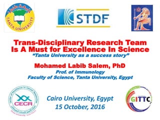 Cairo University, Egypt
15 October, 2016
Trans-Disciplinary Research Team
Is A Must for Excellence In Science
“Tanta University as a success story”
Mohamed Labib Salem, PhD
Prof. of Immunology
Faculty of Science, Tanta University, Egypt
 