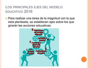 LOS PRINCIPALES EJES DEL MODELO
EDUCATIVO 2016
 Para realizar una tarea de la magnitud con la que
esta planteada, se establecen ejes sobre los que
girarán las acciones educativas:
 