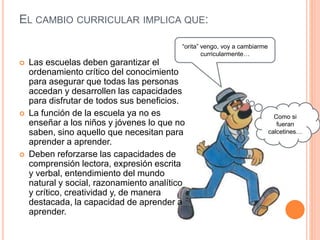 EL CAMBIO CURRICULAR IMPLICA QUE:
 Las escuelas deben garantizar el
ordenamiento crítico del conocimiento
para asegurar que todas las personas
accedan y desarrollen las capacidades
para disfrutar de todos sus beneficios.
 La función de la escuela ya no es
enseñar a los niños y jóvenes lo que no
saben, sino aquello que necesitan para
aprender a aprender.
 Deben reforzarse las capacidades de
comprensión lectora, expresión escrita
y verbal, entendimiento del mundo
natural y social, razonamiento analítico
y crítico, creatividad y, de manera
destacada, la capacidad de aprender a
aprender.
“orita” vengo, voy a cambiarme
curricularmente…
Como si
fueran
calcetines…
 