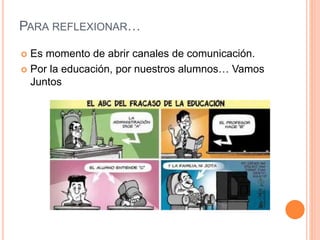 PARA REFLEXIONAR…
 Es momento de abrir canales de comunicación.
 Por la educación, por nuestros alumnos… Vamos
Juntos
 