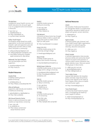 The Red Door
Confidential sexual health services and
health education for all youth aged
13-30 in a judgment-free environment
in Kentville.
P: 902-679-1411
E: info@theredoor.ca
W: http://thereddoor.ca
A: 150 Park Street, Kentville
Valley Youth Project
An Annapolis Valley-based non-profit
organization run by local volunteers to
provide a safe and supportive space for
LGBTQ youth and their allies to meet,
share, and foster a community.
E: valleyyouthproject@gmail.com
W: valleyyouthproject.wordpress.com
A: Louis Millet Community Complex,
9489 Commercial St, New Minas
Wabanaki Two Spirit Alliance
Two-spirited people and their
supporters.
E: w2salliance@gmail.com
W: http://w2sa.ca
Student Resources
Acadia Pride
A GLBTIQ student group at
Acadia University.
E: pride@acadiau.ca
W: http://theasu.ca/acadiapride.htm
Allies @ Dalhousie
Supportive staff, faculty and students
at Dalhousie University.
E: peerally@dal.ca, dalally@dal.ca
W: http://dal.ca/dalally
CBU Sexual Diversity Centre
Fosters a safe environment for LGBT
students at Cape Breton University.
P: 902- 563-1481
E: su_sdc@cbu.ca
W: http://cbusu.ca/services/
sexual-diversity-centre
DalOUT
A GLBTIQ student group at
Dalhousie University.
P: 902-494-2190
E: dalout@dal.ca
W: http://dalout.ca
GSA Network
A directory of Nova Scotia Gay Straight
Alliances (GSAs). A GSA is a youth-led
group that works to make schools
safer for LGBT youth.
W: http://youthproject.ns.ca/gsa/
King’s P.R.I.D.E.
A GLBTIQ student group at the
University of King’s College.
E: ilovekingspride@gmail.com
Mount Pride
A GLBTIQ student group at
Mount Saint Vincent University.
E: mountpride@mountstudents.ca
NSCAD Queer Collective
A GLBTIQ student group at Nova Scotia
College of Art  Design University.
E: nscadqueercollective@gmail.com
B: http://nscadqueercollective.
wordpress.com
SMU-Q
A GLBTIQ student group at
St. Mary’s University.
P: 902-496-8216
E: info@smuq.ca
W: http://smuq.ca
X-Pride
A GLBTIQ student group at
St. FX University.
P: 902-867-4691
E: xpride@stfx.ca
W: http://people.stfx.ca/xpride/
National Resources
CPATH
The Canadian Professional Association
for Transgender Health is a professional
organization devoted to health care of
people with gender variant identities.
E: info@cpath.ca
W: http://cpath.ca
Egale Canada
A national lesbian, gay, bisexual, and
trans (LGBT) human rights organization.
Their goal is to advance equality,
diversity, education and justice.
P: 1-888-204-7777
W: http://egale.ca
PFLAG Canada
A national organization that provides
personal, family and community-based
support to anyone with questions or
concerns about sexual orientation and
gender identity issues. There are several
PFLAG groups in Nova Scotia.
P: 1-888-530-6777 ext 226
E: gender@pflagcanada.ca
W: http://pflagcanada.ca
Trans Lobby Group
A group that educates the Canadian
public and helps shape the political
process with regards to the needs of
trans* people, with a focus on health
care and human rights.
W: http://translobbygroup.ca
Trans PULSE Project
A community-based research project
that is investigating the health of
trans* people in Ontario.
E: info@ transpulseproject.ca
W: http://transpulseproject.ca
Trans Health Guide: Community Resources
© 2013 Capital Health. All Rights Reserved. Last updated: July 4, 2013. For additional copies
and related material, visit http://prideHealth.ca or contact prideHealth@cdha.nshealth.ca.
 