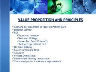 VALUE PROPOSITION AND PRINCIPLESVALUE PROPOSITION AND PRINCIPLES
Allowing our customers to focus on Patient Care
Superior Service
ROI
Increased revenue
Reduced AR Days
Lower Bad Debt Write-offs
Reduced operational cost
On-time Delivery
Faster turnaround time
Accuracy
Process Compliance
Information Security Compliance
Trend Analysis for Continuous Improvement
 