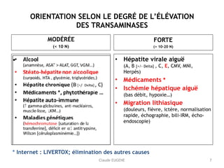 Claude EUGENE
ORIENTATION SELON LE DEGRÉ DE L’ÉLÉVATION 
DES TRANSAMINASES
MODÉRÉE
(< 10 N)
•  
FORTE
(> 10-20 N)
• Hépatite virale aiguë 
(A, B [+/- Delta] , C, E, CMV, MNI,
Herpès)
• Médicaments *
• Ischémie hépatique aiguë 
(bas débit, hypoxie…)
• Migration lithiasique 
(douleurs, fièvre, ictère, normalisation
rapide, échographie, bili-IRM, écho-
endoscopie)
* Internet : LIVERTOX; élimination des autres causes
7
 
