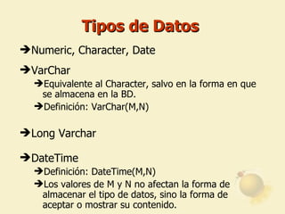 Tipos de Datos Numeric, Character, Date  VarChar Equivalente al Character, salvo en la forma en que se almacena en la BD.  Definición: VarChar(M,N) Long Varchar DateTime  Definición: DateTime(M,N) Los valores de M y N no afectan la forma de almacenar el tipo de datos, sino la forma de aceptar o mostrar su contenido. 