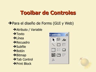 Tool b ar de Controles Para  el diseño de  Forms (GUI y Web) Atributo / Variable Texto Línea Recuadro Subfile Botón  Bitmap Tab Control Print Block 