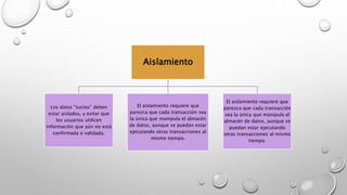 Aislamiento
Los datos "sucios" deben
estar aislados, y evitar que
los usuarios utilicen
información que aún no está
confirmada o validada.
El aislamiento requiere que
parezca que cada transacción sea
la única que manipula el almacén
de datos, aunque se puedan estar
ejecutando otras transacciones al
mismo tiempo.
El aislamiento requiere que
parezca que cada transacción
sea la única que manipula el
almacén de datos, aunque se
puedan estar ejecutando
otras transacciones al mismo
tiempo.
 