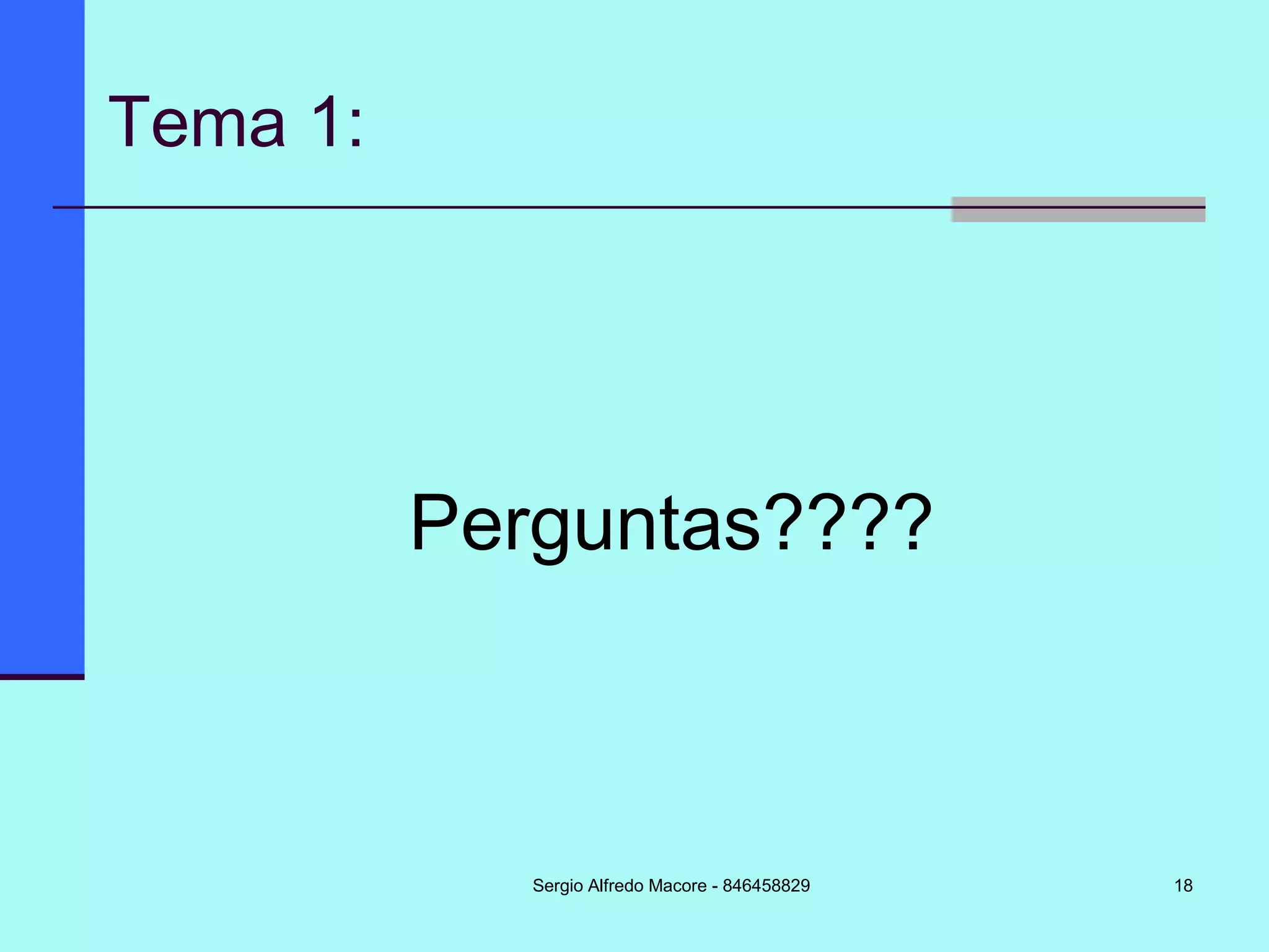 18
Tema 1:
Perguntas????
Sergio Alfredo Macore - 846458829
 