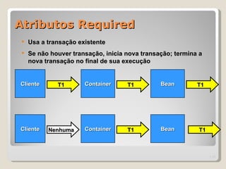 Atributos Required
    Usa a transação existente
    Se não houver transação, inicia nova transação; termina a
     nova transação no final de sua execução


Cliente       T1       Container     T1         Bean        T1




Cliente    Nenhuma     Container     T1         Bean        T1



                                                                 | 17
 