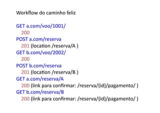 Workﬂow	
  do	
  caminho	
  feliz	
  

GET	
  a.com/voo/1001/	
  
	
  	
  	
  	
  200	
  
POST	
  a.com/reserva	
  
	
  	
  	
  	
  201	
  (locaGon	
  /reserva/A	
  )	
  
GET	
  b.com/voo/2002/	
  
	
  	
  	
  	
  200	
  
POST	
  b.com/reserva	
  
	
  	
  	
  	
  201	
  (locaGon	
  /reserva/B	
  )	
  
GET	
  a.com/reserva/A	
  
	
  	
  	
  	
  200	
  (link	
  para	
  conﬁrmar:	
  /reserva/{id}/pagamento/	
  )	
  
GET	
  b.com/reserva/B	
  
	
  	
  	
  	
  200	
  (link	
  para	
  conﬁrmar:	
  /reserva/{id}/pagamento/	
  )	
  
 