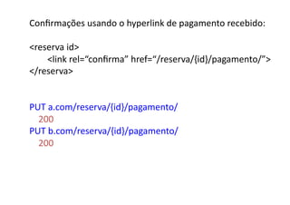 Conﬁrmações	
  usando	
  o	
  hyperlink	
  de	
  pagamento	
  recebido:	
  

reserva	
  id	
  
	
  	
  	
  	
  	
  	
  	
  	
  link	
  rel=“conﬁrma”	
  href=“/reserva/{id}/pagamento/”	
  
/reserva	
  


PUT	
  a.com/reserva/{id}/pagamento/	
  
	
  	
  	
  	
  200	
  
PUT	
  b.com/reserva/{id}/pagamento/	
  
	
  	
  	
  	
  200	
  
 