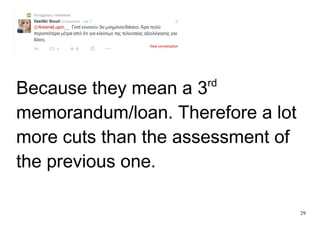 29
Because they mean a 3rd
memorandum/loan. Therefore a lot
more cuts than the assessment of
the previous one.
 