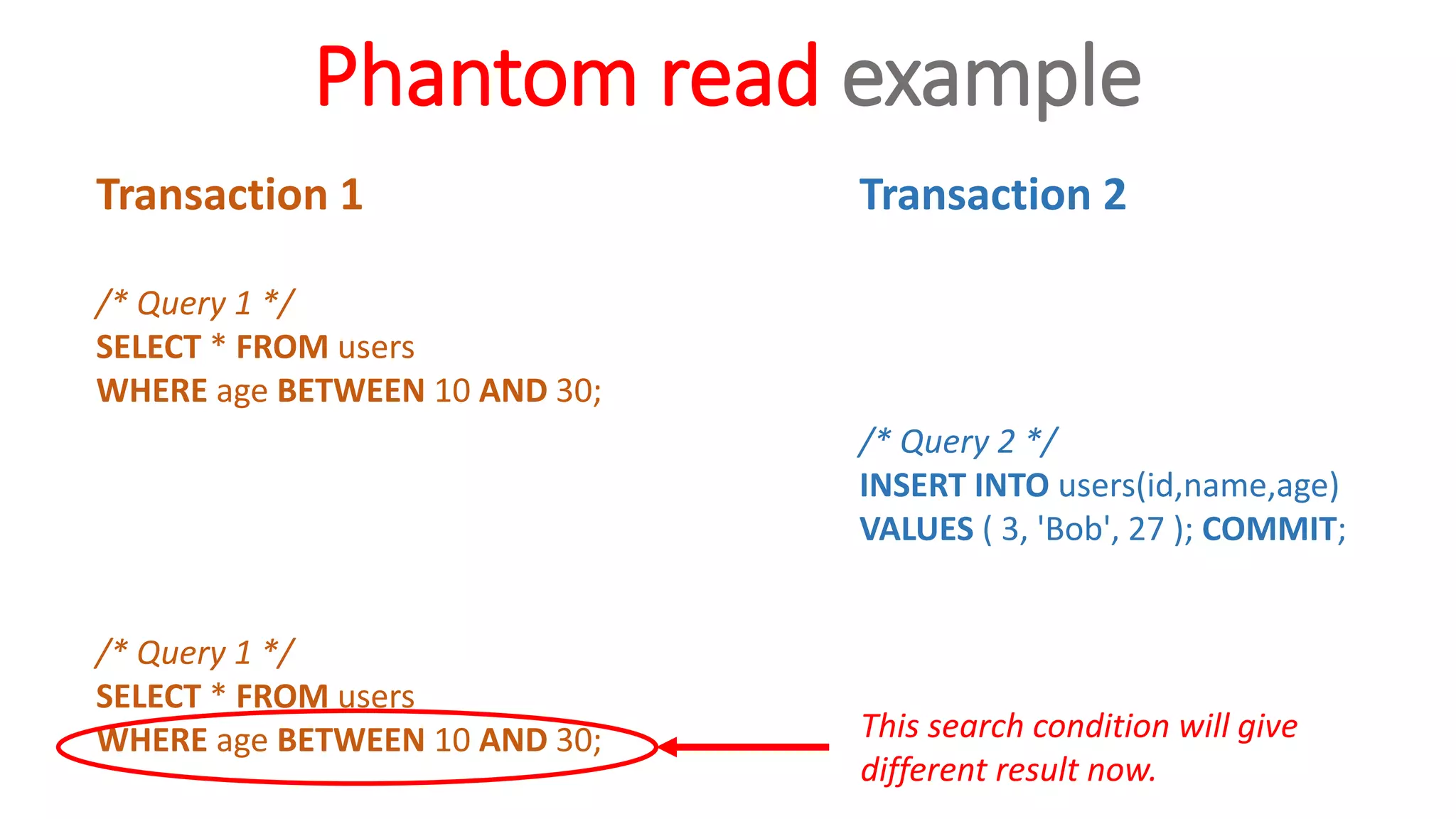 Phantom read example
Transaction 1
/* Query 1 */
SELECT * FROM users
WHERE age BETWEEN 10 AND 30;
/* Query 1 */
SELECT * FROM users
WHERE age BETWEEN 10 AND 30;
Transaction 2
/* Query 2 */
INSERT INTO users(id,name,age)
VALUES ( 3, 'Bob', 27 ); COMMIT;
This search condition will give
different result now.
 