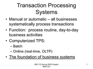 MIS 175 Spring 2002 Chapter
9MIS 221
1
Transaction Processing
Systems
• Manual or automatic – all businesses
systematically process transactions
• Function: process routine, day-to-day
business activities
• Computerized TPS:
– Batch
– Online (real-time, OLTP)
• The foundation of business systems
 