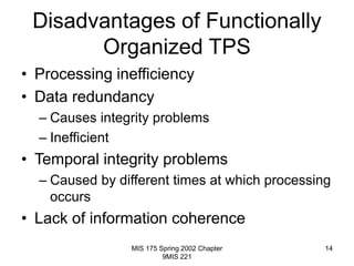 MIS 175 Spring 2002 Chapter
9MIS 221
14
Disadvantages of Functionally
Organized TPS
• Processing inefficiency
• Data redundancy
– Causes integrity problems
– Inefficient
• Temporal integrity problems
– Caused by different times at which processing
occurs
• Lack of information coherence
 