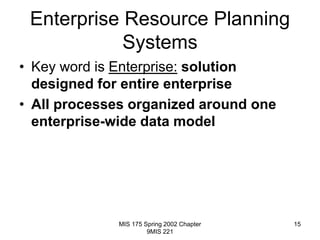 MIS 175 Spring 2002 Chapter
9MIS 221
15
Enterprise Resource Planning
Systems
• Key word is Enterprise: solution
designed for entire enterprise
• All processes organized around one
enterprise-wide data model
 