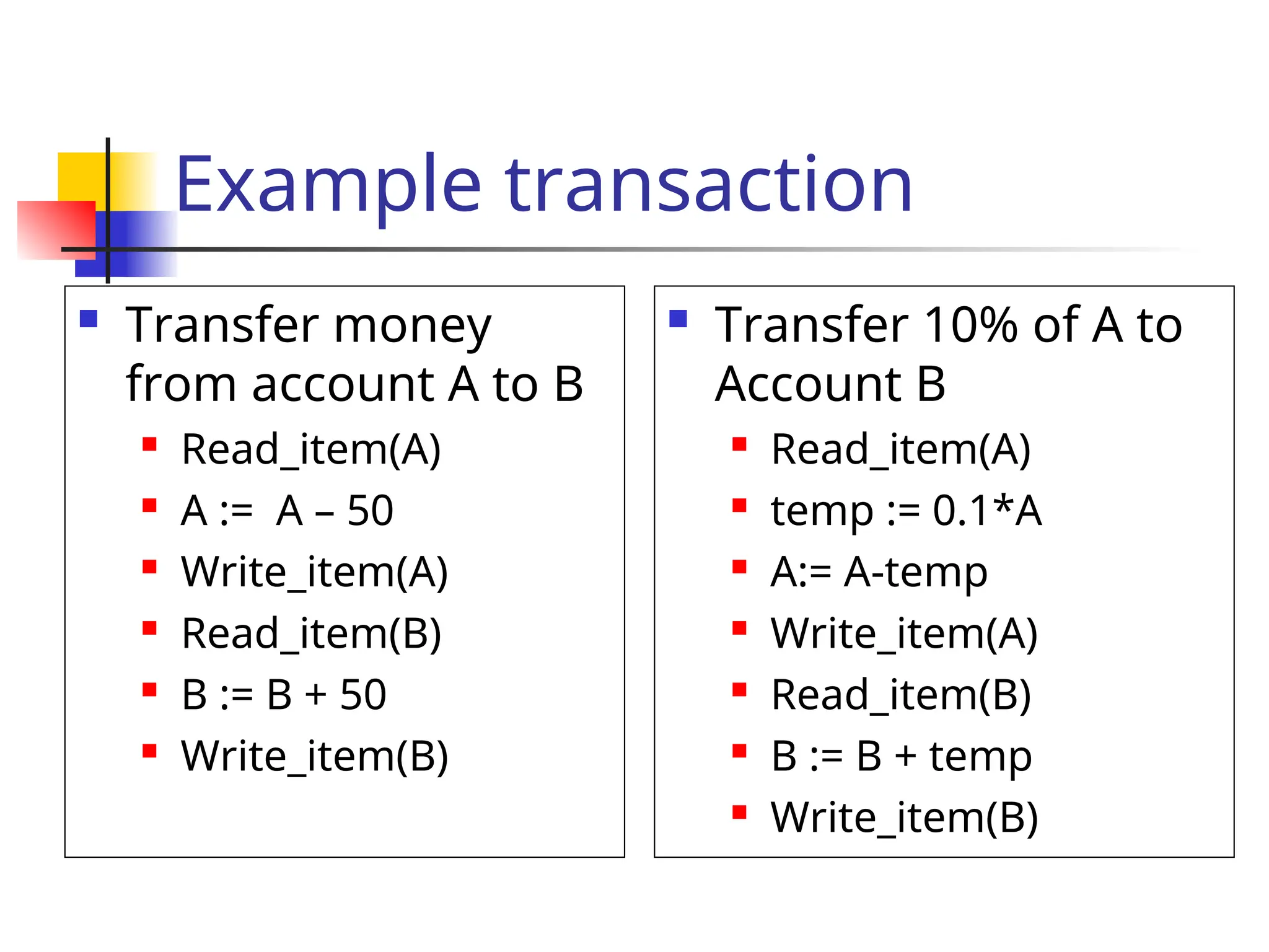 Example transaction
 Transfer money
from account A to B
 Read_item(A)
 A := A – 50
 Write_item(A)
 Read_item(B)
 B := B + 50
 Write_item(B)
 Transfer 10% of A to
Account B
 Read_item(A)
 temp := 0.1*A
 A:= A-temp
 Write_item(A)
 Read_item(B)
 B := B + temp
 Write_item(B)
 