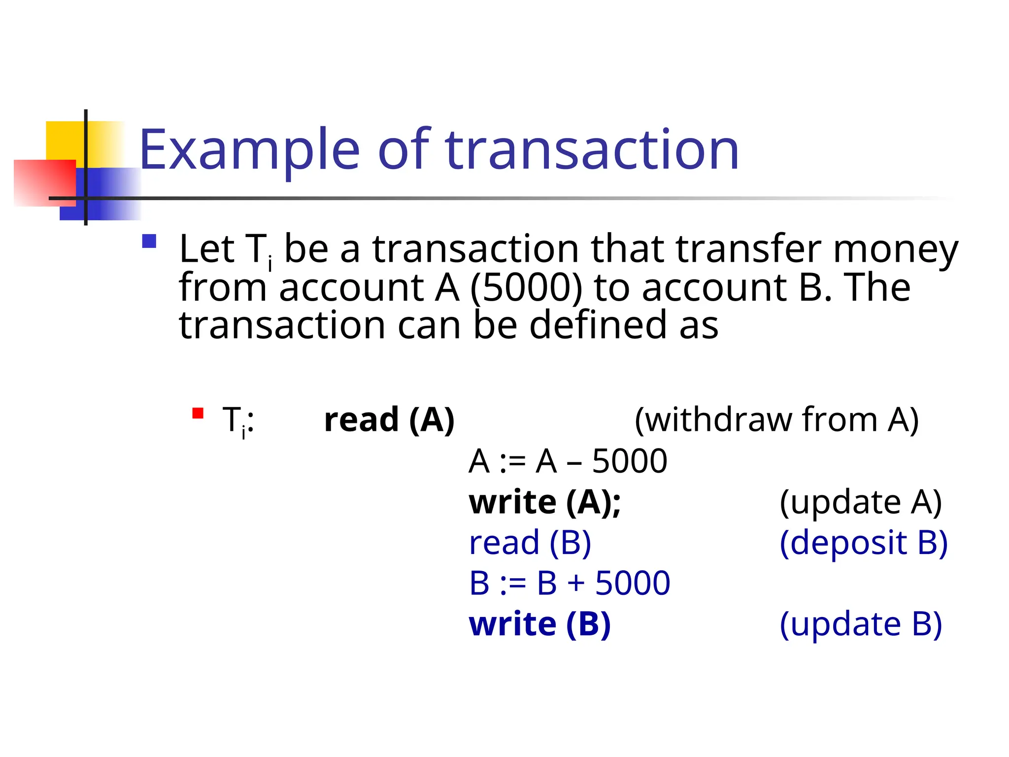 Example of transaction

Let Ti be a transaction that transfer money
from account A (5000) to account B. The
transaction can be defined as

Ti: read (A) (withdraw from A)
A := A – 5000
write (A); (update A)
read (B) (deposit B)
B := B + 5000
write (B) (update B)
 