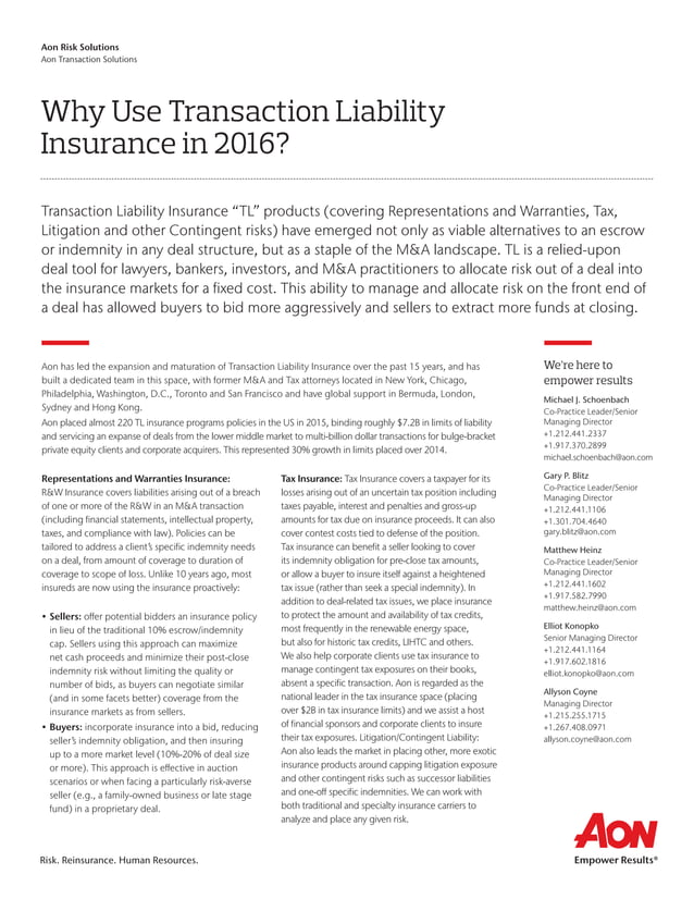 Why Use Transaction Liability Insurance in 2016? | PDF