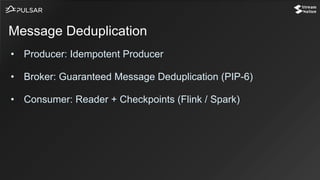 • Producer: Idempotent Producer
• Broker: Guaranteed Message Deduplication (PIP-6)
• Consumer: Reader + Checkpoints (Flink / Spark)
Message Deduplication
 
