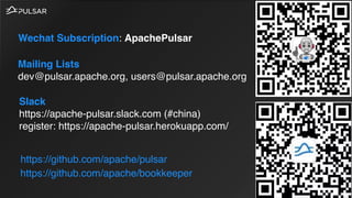 Wechat Subscription: ApachePulsar
Mailing Lists 
dev@pulsar.apache.org, users@pulsar.apache.org
Slack 
https://apache-pulsar.slack.com (#china) 
register: https://apache-pulsar.herokuapp.com/
https://github.com/apache/pulsar
https://github.com/apache/bookkeeper
 