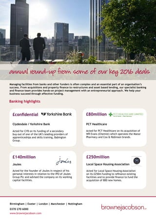 Birmingham | Exeter | London | Manchester | Nottingham
0370 270 6000
www.brownejacobson.com
annual round-up from some of our key 2016 deals
Managing facilities from banks and other funders is often complex and an essential part of an organisation’s
success. From acquisitions and property finance to restructures and asset based lending, our specialist banking
and finance team provides hands-on project management with an entrepreneurial approach. We help your
business succeed through effective funding.
£confidential
Acted for CYB on its funding of a secondary
buy-out of one of the UK’s leading providers of
apprenticeships and skills training, Babington
Group.
Clydesdale / Yorkshire Bank
£250million
Local Space Housing Association
Acted for Local Space Housing Association
on its £250m funding to refinance existing
facilities and to provide finance to fund the
acquisition of 800 new homes.
£80million
PCT Healthcare
Acted for PCT Healthcare on its acquisition of
WR Evans (Chemist) which operates the Manor
Pharmacy and Cox & Robinson brands.
£140million
Acted for the founder of Joules in respect of his
personal interests in relation to the IPO of Joules
Group Plc and advised the company on its working
capital facilities.
Joules
Banking highlights
 