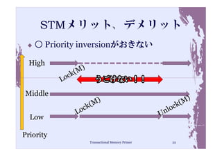 ○ Priority inversionがおきない

  High

                 うごけない！！
Middle


  Low

Priority
              Transactional Memory Primer   22
 
