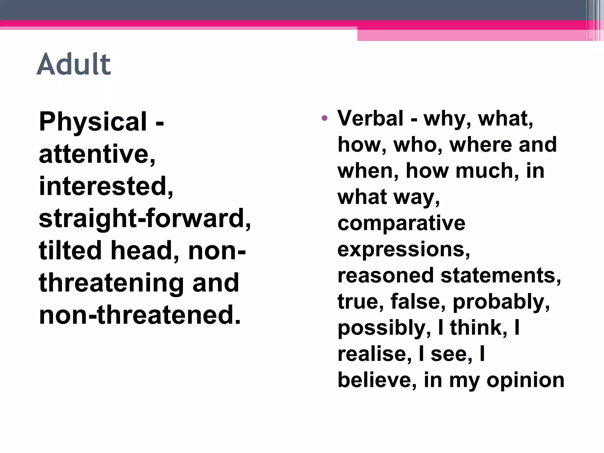 Adult
Physical -
attentive,
interested,
straight-forward,
tilted head, non-
threatening and
non-threatened.
• Verbal - why, what,
how, who, where and
when, how much, in
what way,
comparative
expressions,
reasoned statements,
true, false, probably,
possibly, I think, I
realise, I see, I
believe, in my opinion
 